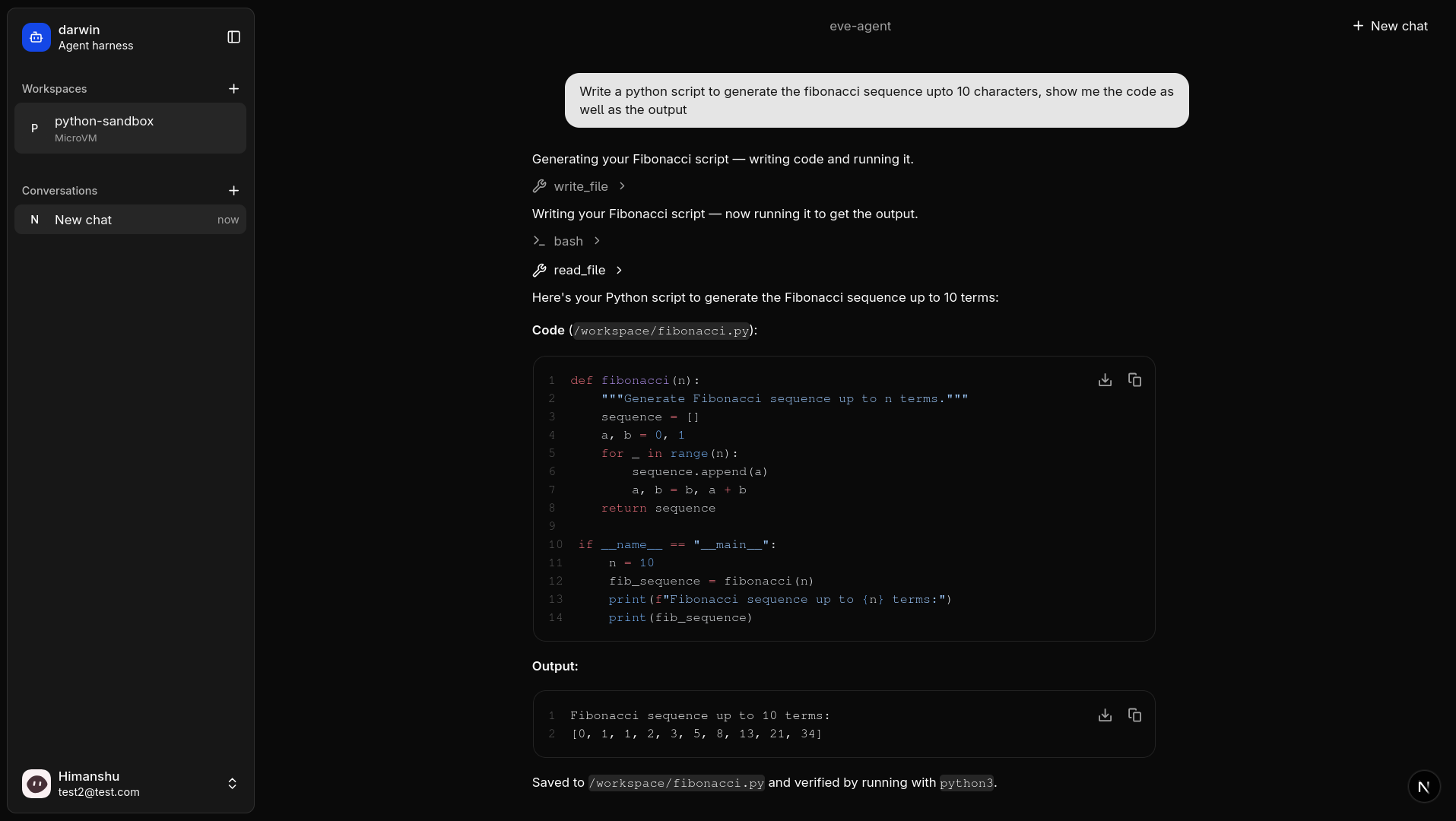 darwin running code in the microVM, dark mode
