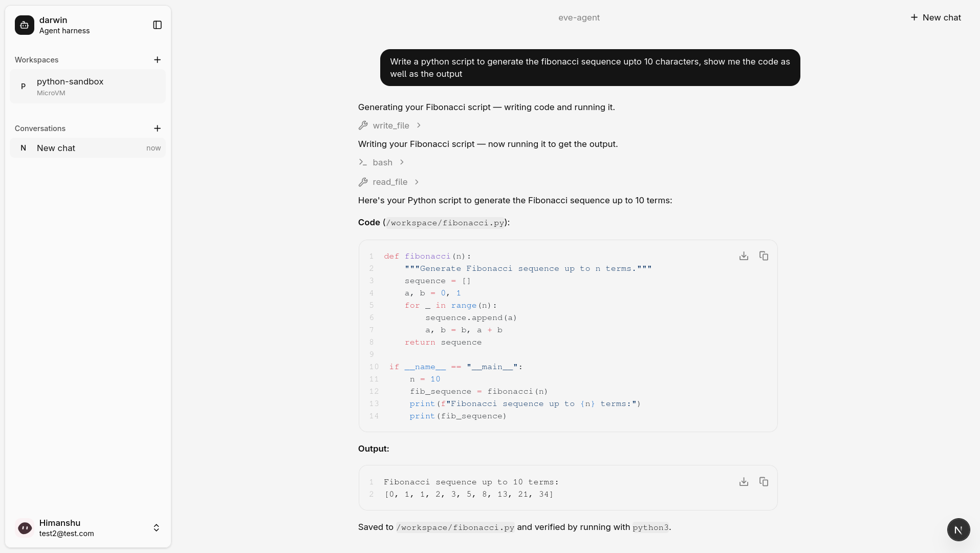 darwin running code in the microVM, light mode