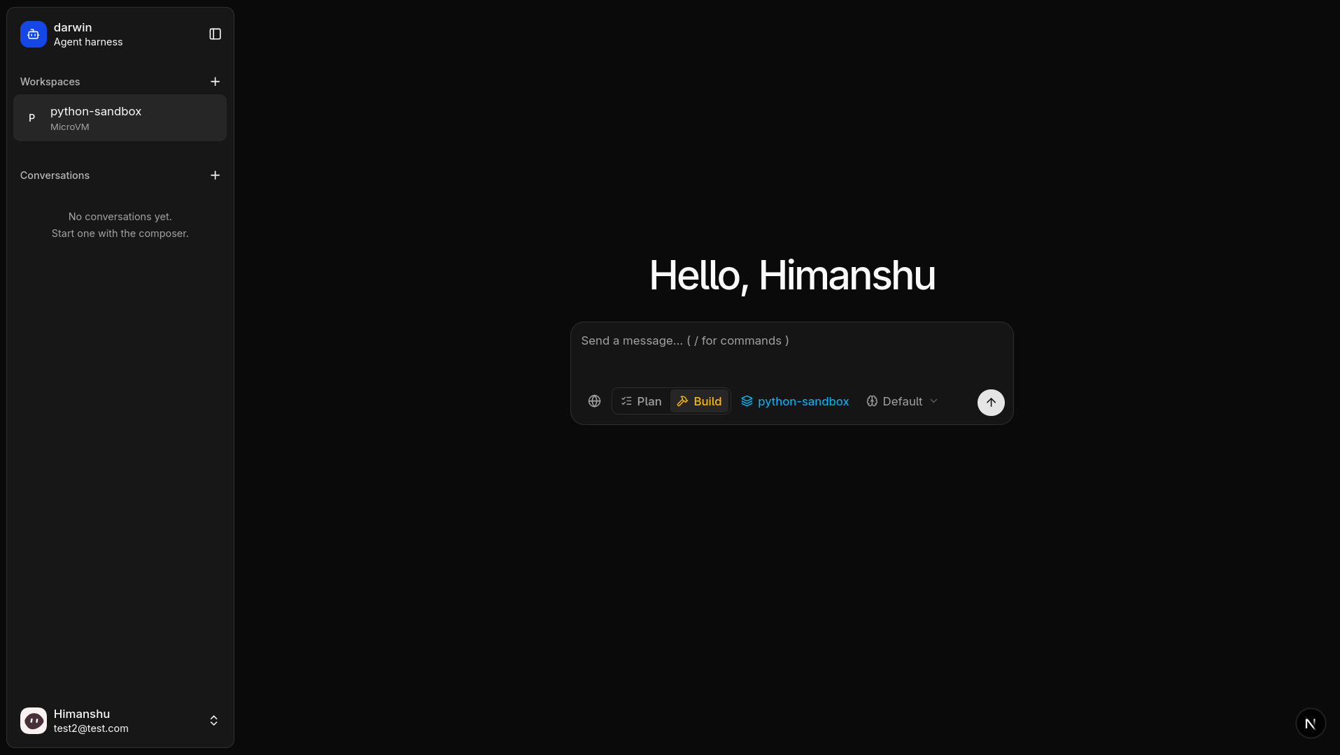 darwin chat home in dark mode