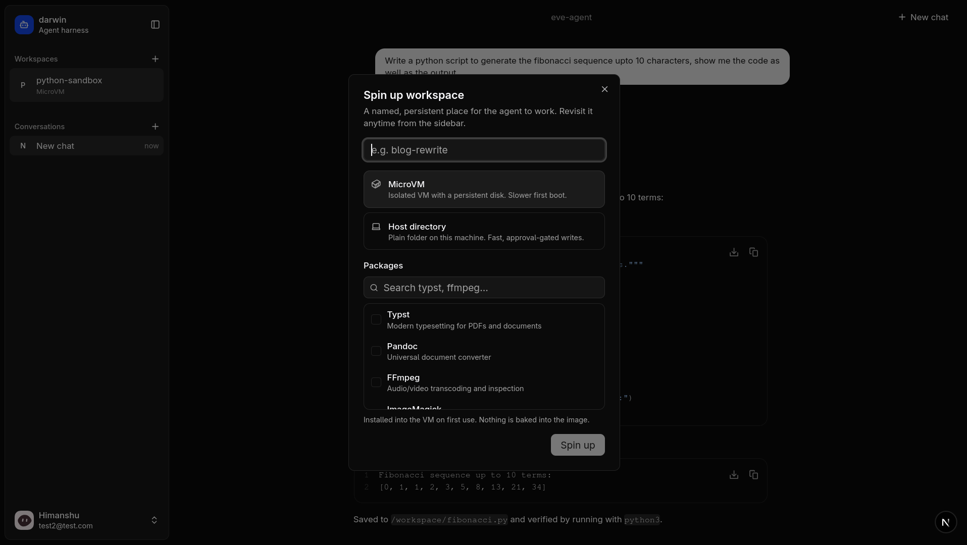 spin up workspace dialog, dark mode