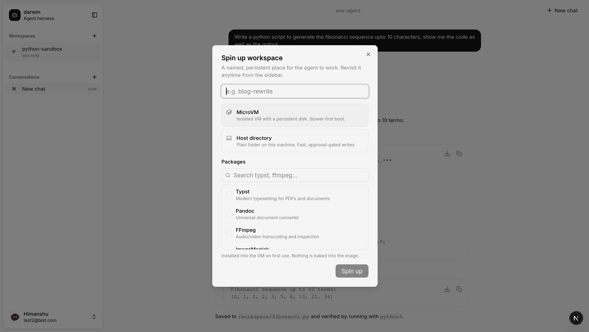 spin up workspace dialog, light mode